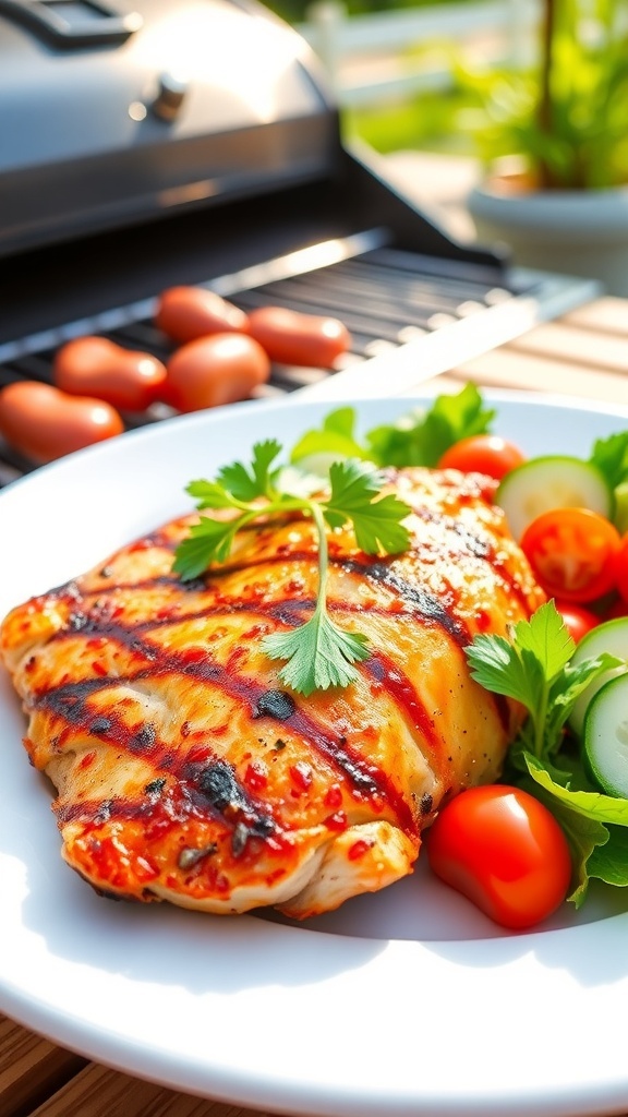 Grilled chicken breast on a plate with salad, garnished with parsley, in a sunny outdoor setting.